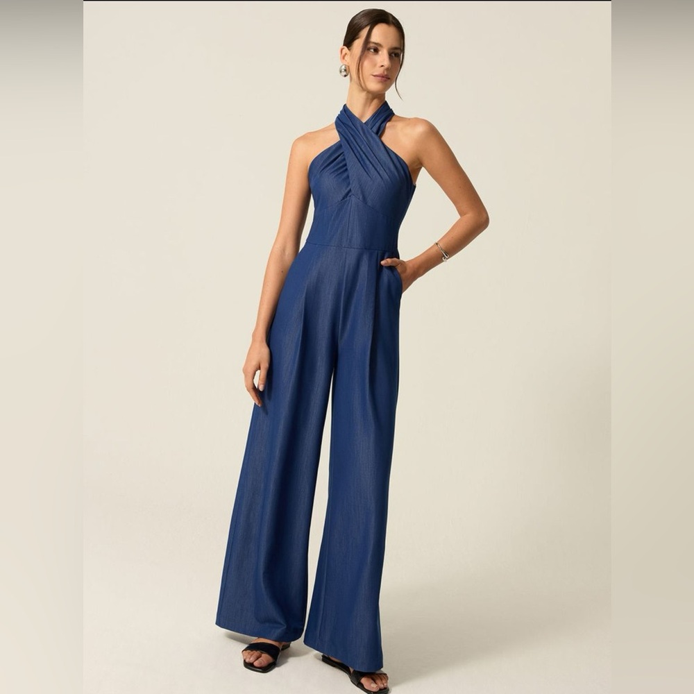 Commense Pocketed Halter Wide Leg Jumpsuit
